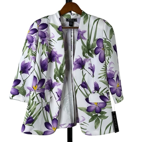 NYCC Women's Small Floral Print Jacket White Purple Open Front Office Career - Picture 1 of 11